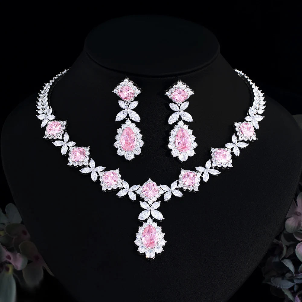 Luxury Super Gorgeous Leaf Drop Pink Cubic Zirconia Wedding Bridal Necklace Earrings Top Jewelry Sets for Brides - EUFASHIONBAGS