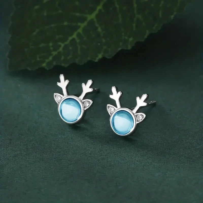 Dainty Christmas Stud Earrings Cute Girls Delicate Elk Accessories with Cubic Zirconia Blue Imitation Moonstone Jewelry