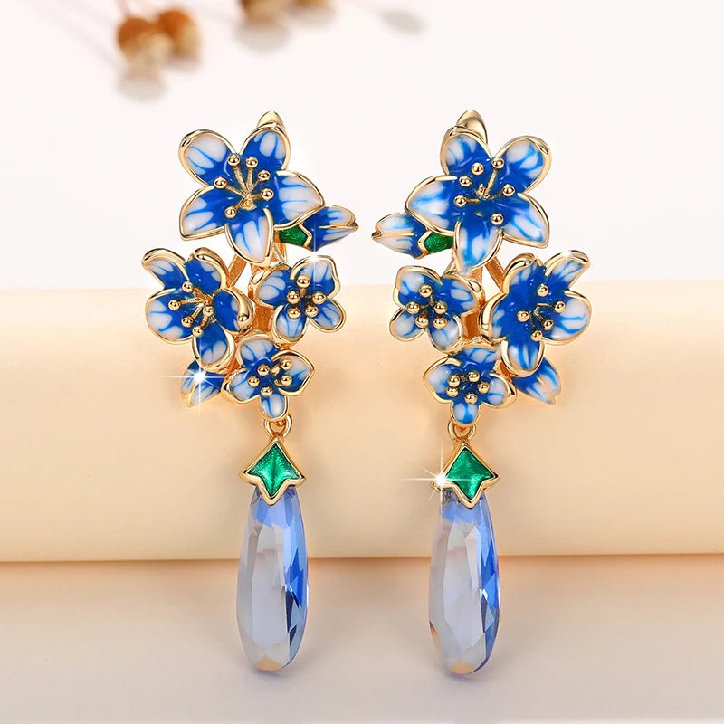 Aesthetic Blue Flower Enamel Earrings for Women Luxury Trendy Gold Color Wedding Party Romantic Lady Earrings New Jewelry