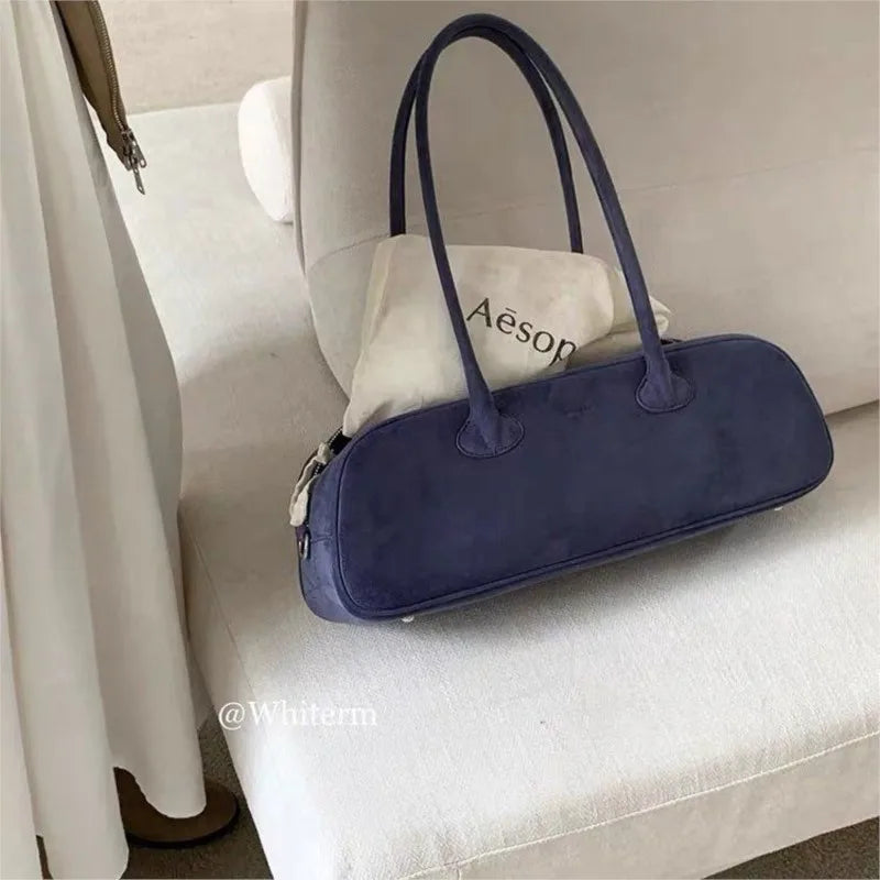 Vintage Blue Shoulder Bags Women High Street Suede Surface Chic Casual Handbag Purse Retro Bag Aesthetic