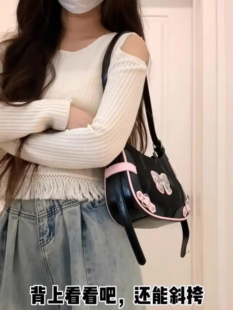 Black Y2k Shoulder Bags Purse Women Hot Girls Bow Chic Cute Handbag Female Fairycore Bag Aesthetic - EUFASHIONBAGS