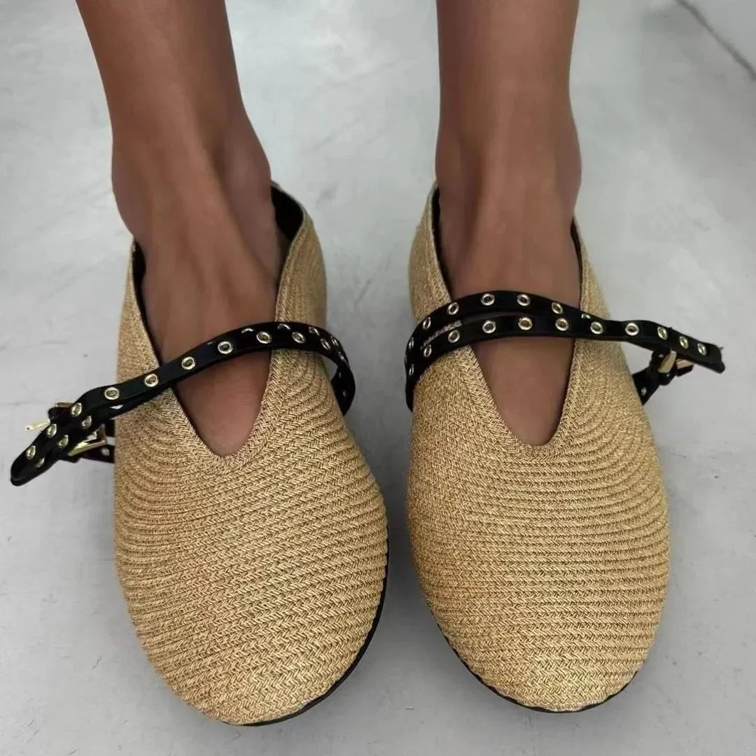 Woven Ballet Flat Shoes Women Brand Designer Shoes Female Belt Buckle Breathable Comfy Casual Twine Round Head Mary Jane Pumps