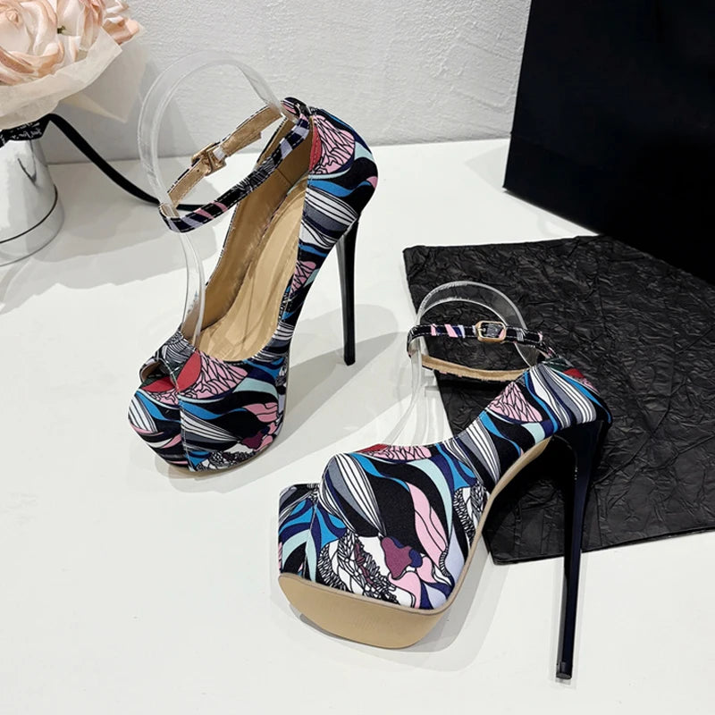 Fashion Design Hand-Painted Leather Platform Pumps Women Slingback Sandals Sexy Peep Toe High Heels Strip Pole Dance Shoes