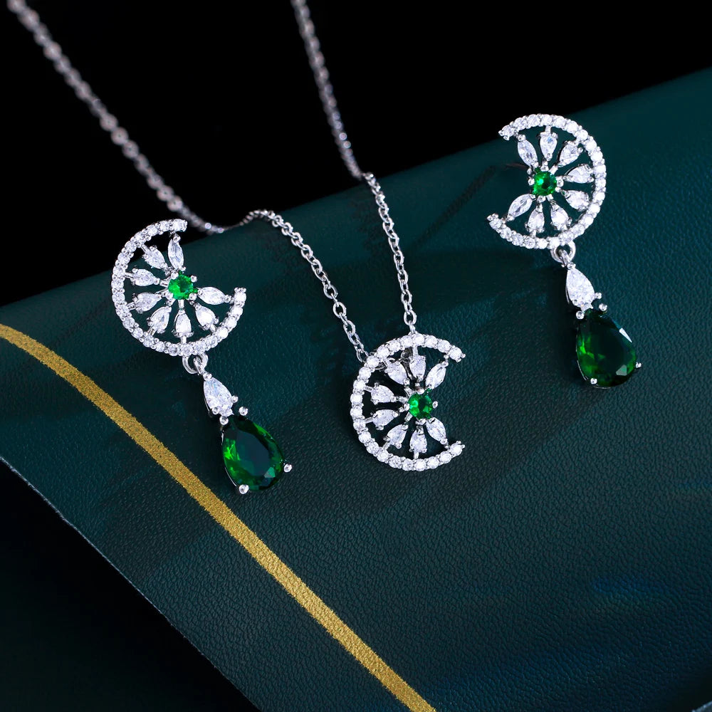 Green Water Drop Cubic Zircon Engagement Half Round Pendant Necklace and Earrings Jewelry Set for Women - EUFASHIONBAGS