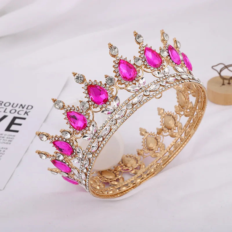 Bride Royal Pink Crystal Queen King Tiaras Baroque Round Crowns Big Rhinestone Pageant Diadem Headband Wedding Hair Accessories - EUFASHIONBAGS