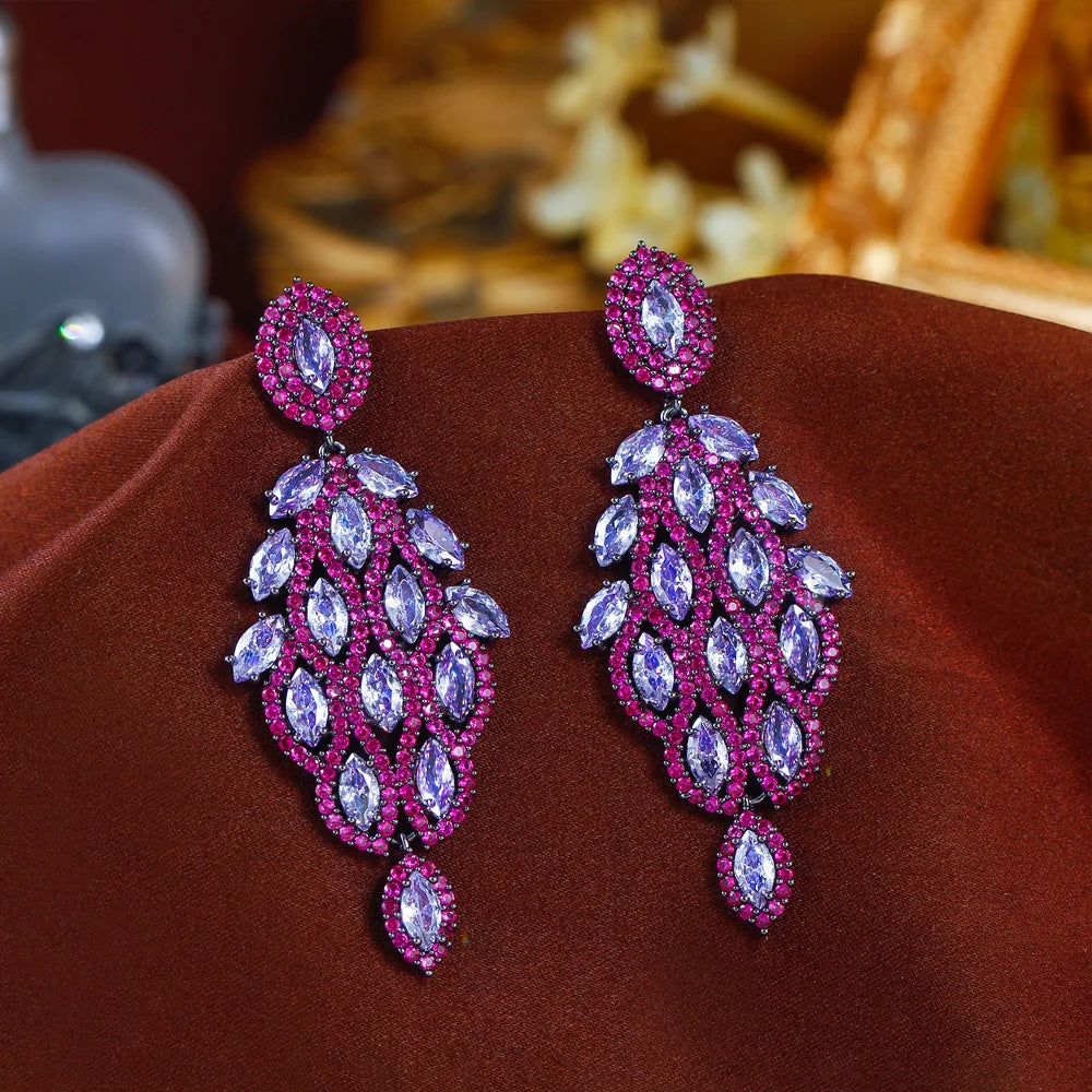 Glamorous Fuchsia Red Chunky Cubic Zirconia Paved Leaf Shape Dangle Drop Luxury Wedding Bridal Party Earrings - EUFASHIONBAGS