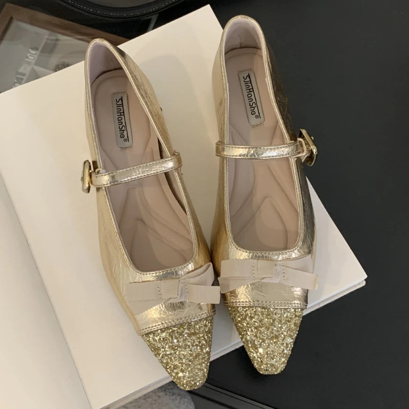 Bling Butterfly-knot Mary Jane Shoes Women Fashion Flat Shoes Shallow Comfort Increased Internal Brand Dress Shoes Women