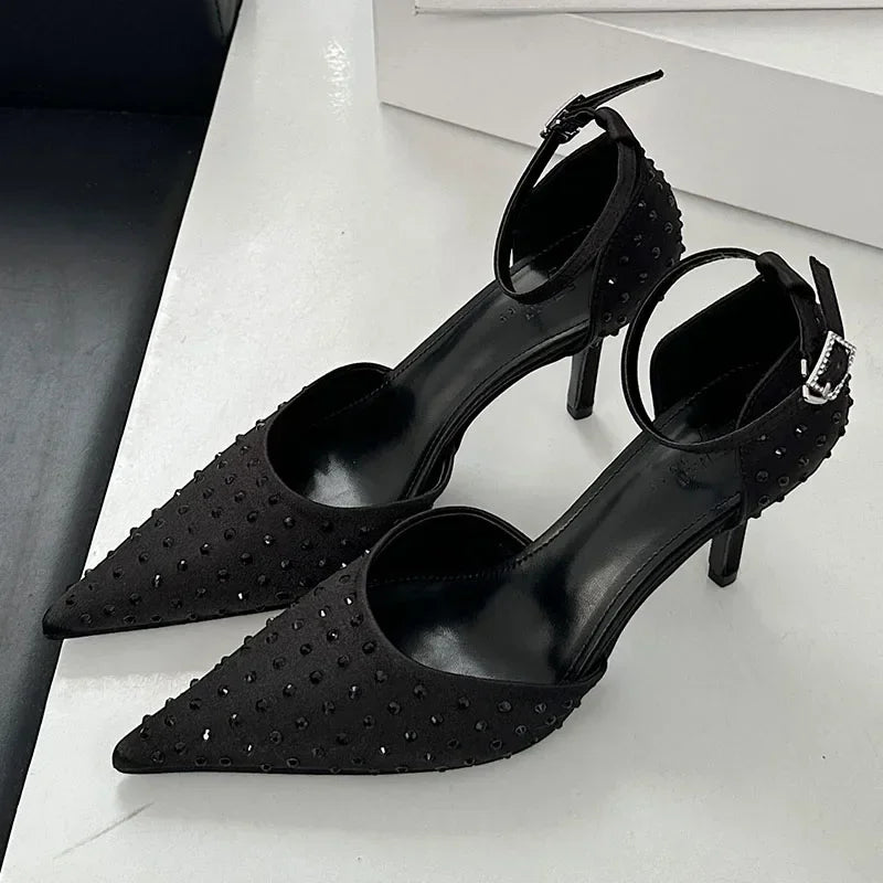 New 2025 Pointed Toe Thin High Heels Women Rhinestones Ankle Strap Dress Shoes Hollow Elegant Designer Sandals Ladies Pumps