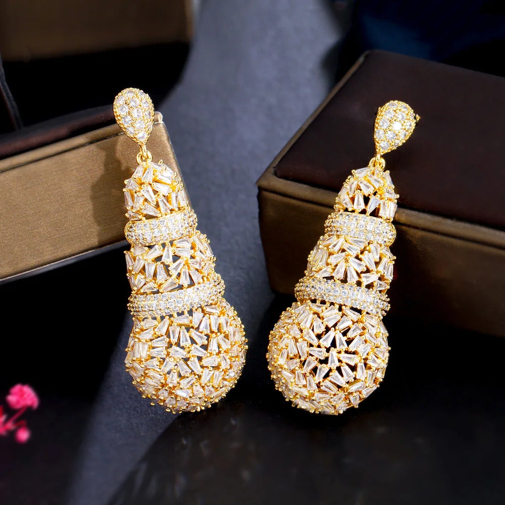 Shiny Chunky Cubic Zirconia Pave Big Luxury Statement African Dubai Gold Plated Long Wedding Earrings for Women - EUFASHIONBAGS