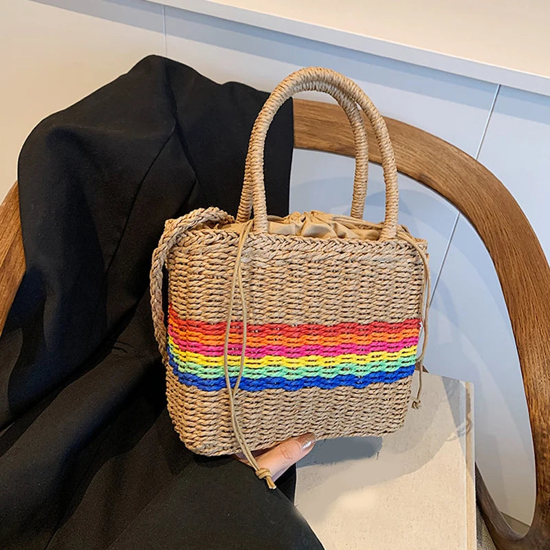 Women Drawstring Crossbody Bag Woven Tote Handbag Versatile Straw Rainbow Sling Bag Female Leisure Shoulder Bag - EUFASHIONBAGS