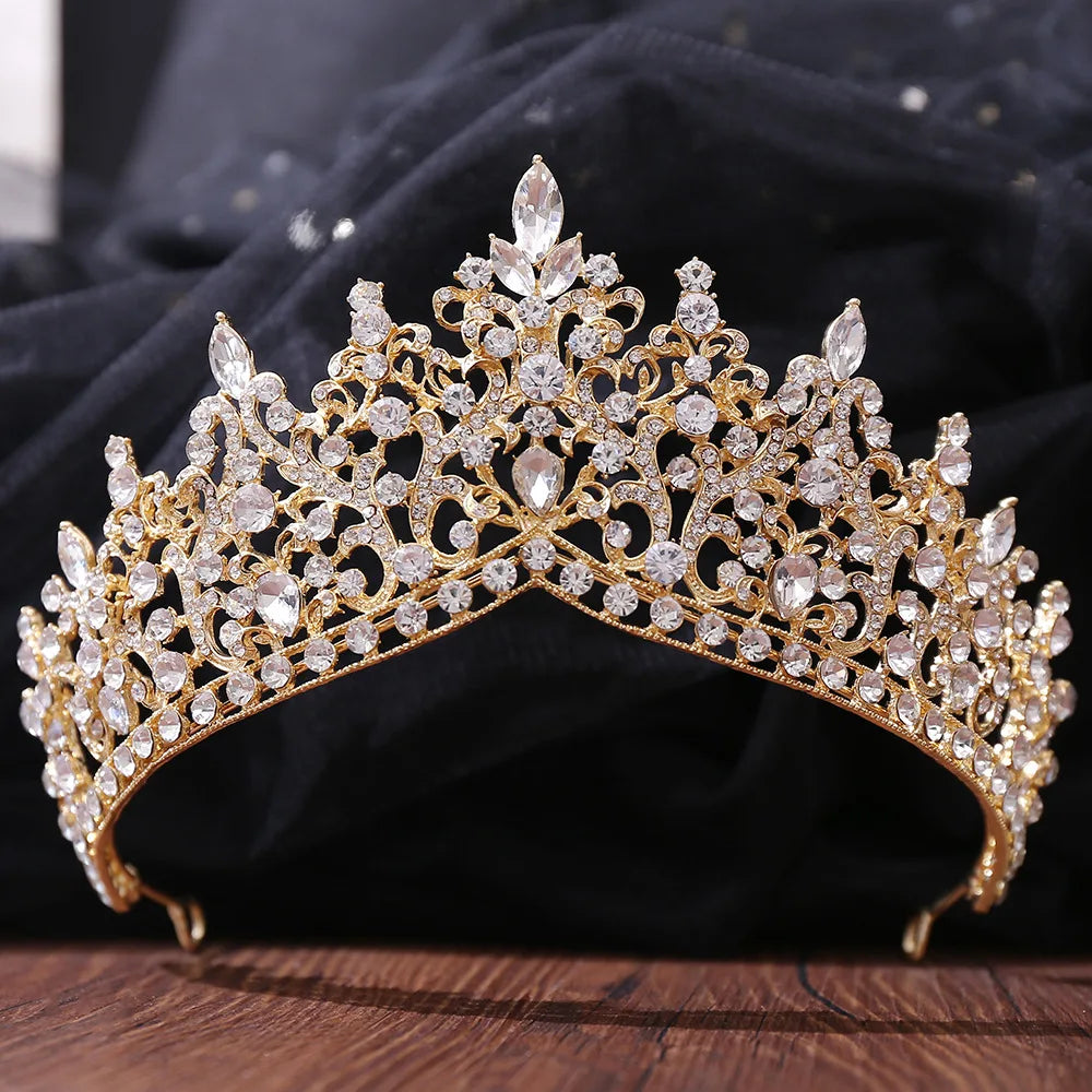 Baroque Korean Gold Color Crystal Crown Hair Accessories Luxury Rhinestone Tiara For Women Wedding Headdress Bridal Hair Jewelry