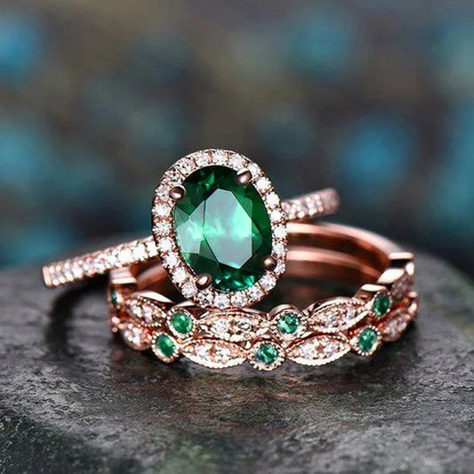 3Pcs/Set Gorgeous Green CZ Rings for Women Anniversary Party Luxury Lady Accessory 3 Metal Colors Fashion Jewelry