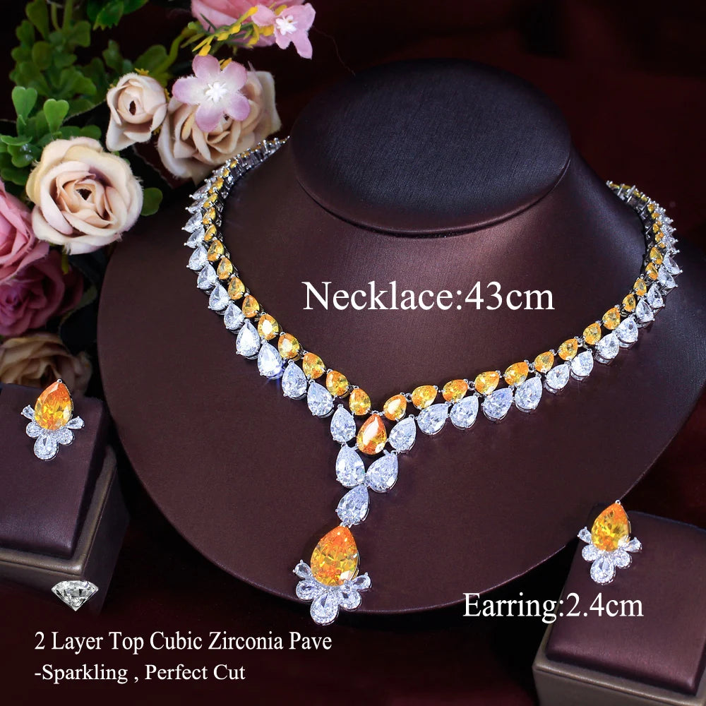 2 Layer Water Drop Cubic Zirconia Big Chunky Necklace Party Brides Jewelry Sets for Women Luxury Wedding Decor - EUFASHIONBAGS