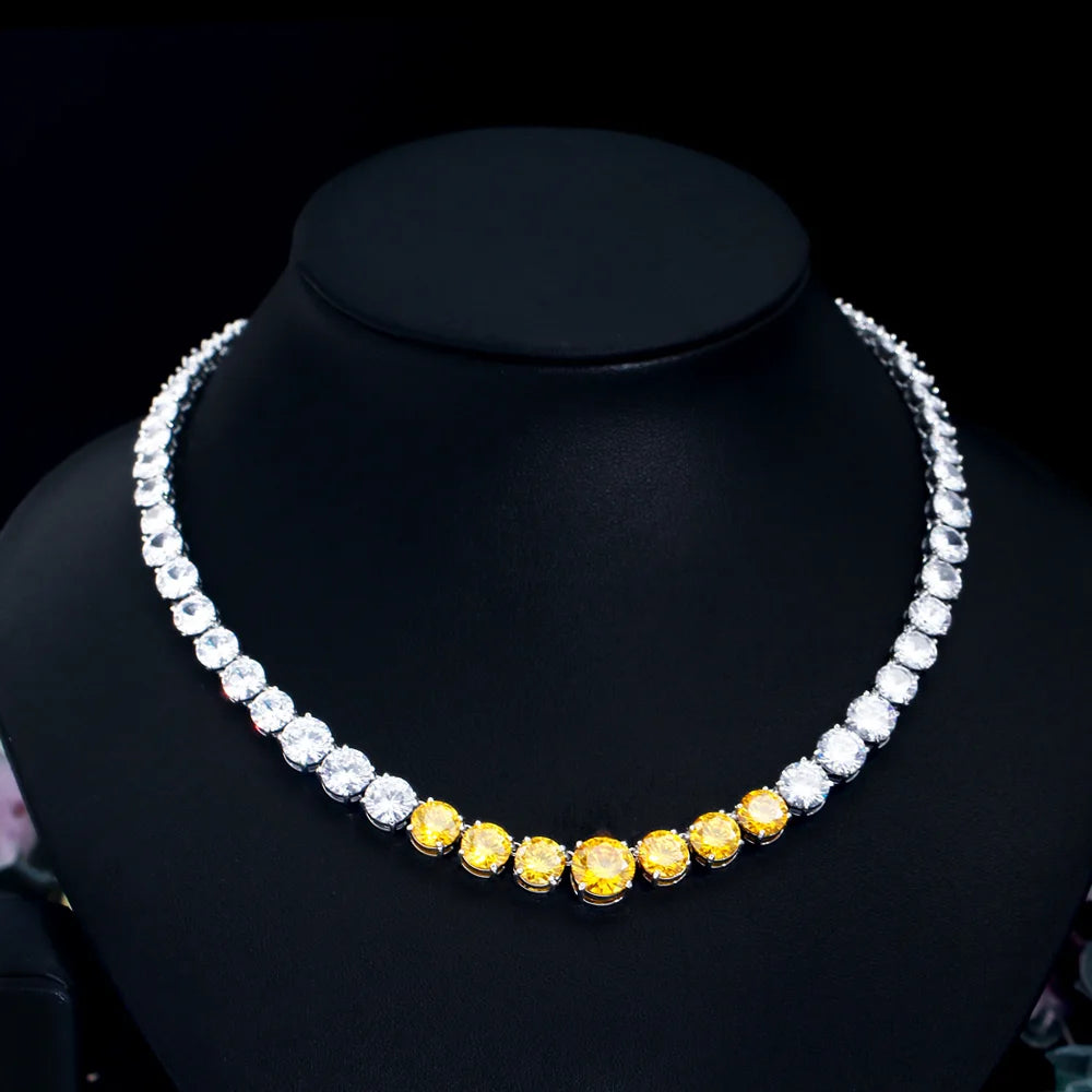 Classic Beauty Real 5A Cubic Zirconia Round Yellow CZ Tennis Chain Wedding Engagement Necklace for Women Gift