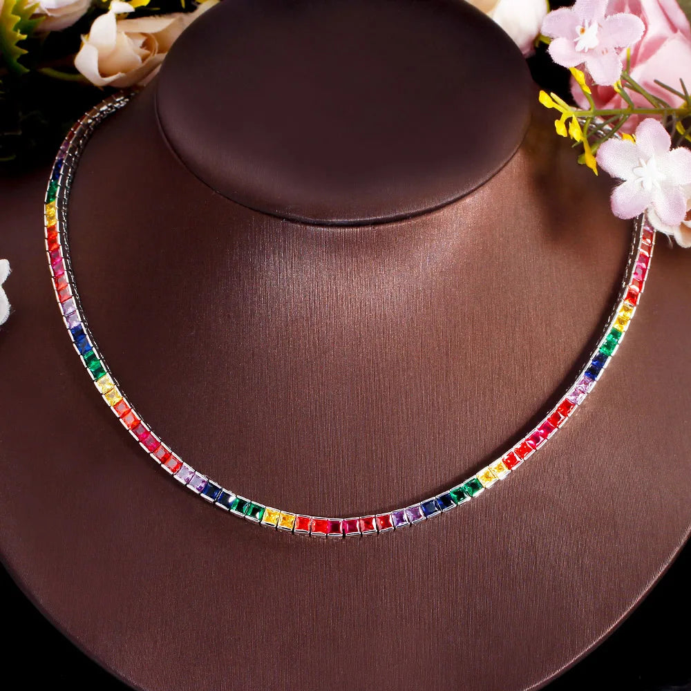 Square Multicolor Rainbow Cubic Zirconia Boho Jewelry Women Tennis Choker Necklace with Safety Clasp