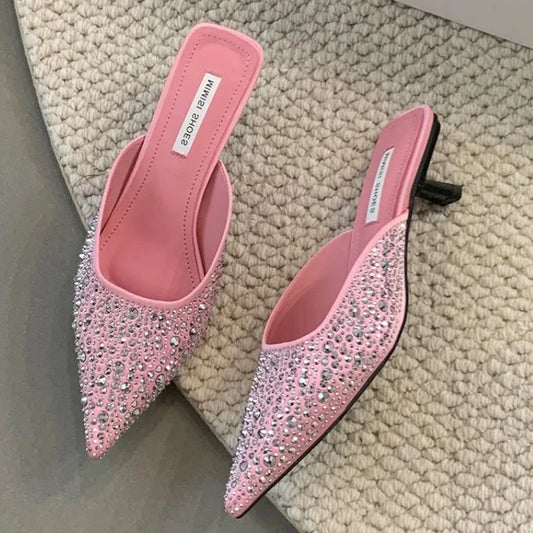 Sparkling Rhinestone Luxury Slippers for Women Sexy Pointed Toe  Low Heel Slides Fashion Footwear Diamond Dress Sandals Women