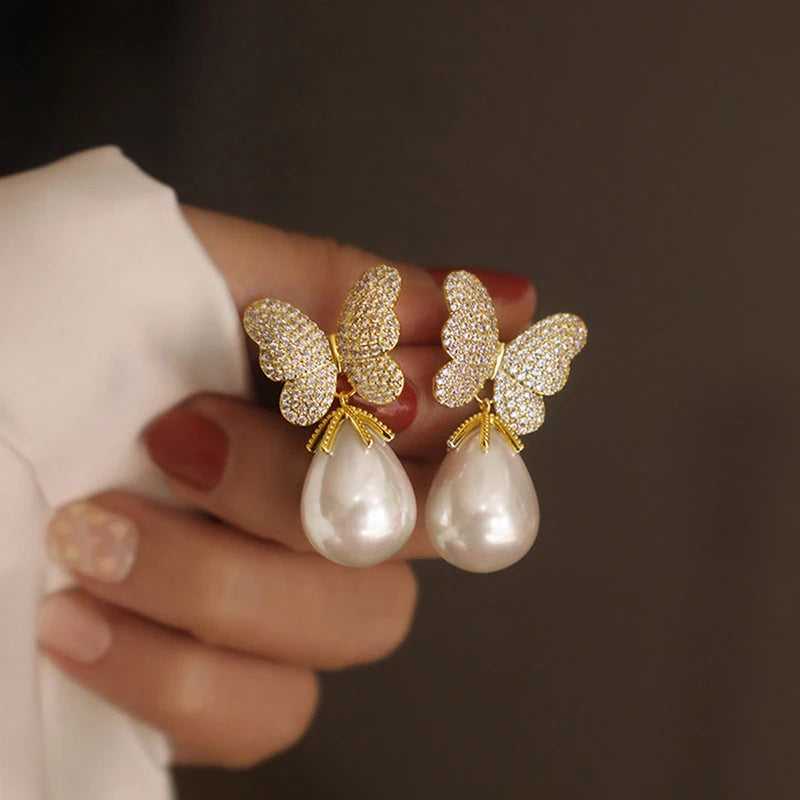 Aesthetic Butterfly Earrings with Pear Imitation Pearl Exquisite Earrings for Women Wedding Party Luxury Trendy Jewelry - EUFASHIONBAGS