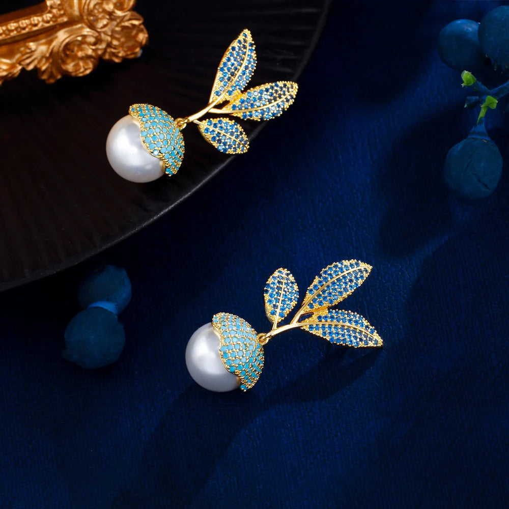 Blue Cubic Zirconia and Turquoise Micro Pave Luxury Long Dangly Drop Wedding Bridal Party Leaf Pearl Earrings - EUFASHIONBAGS