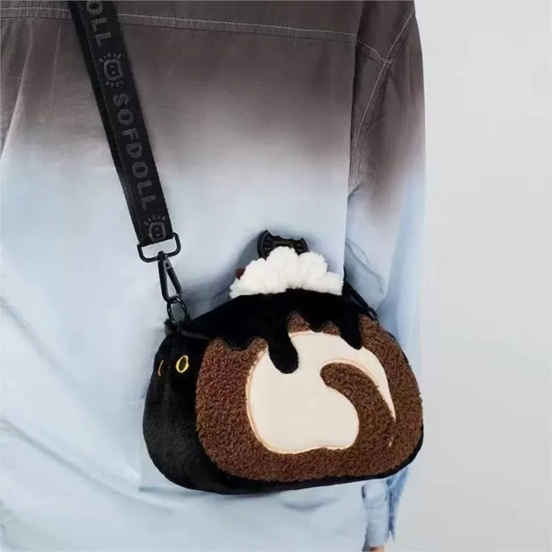 Plush Circular Black Cat Hand Bag Women New Retro Creative Cute Handheld Y2k Messenger Bag Casual Crossbody Bags - EUFASHIONBAGS