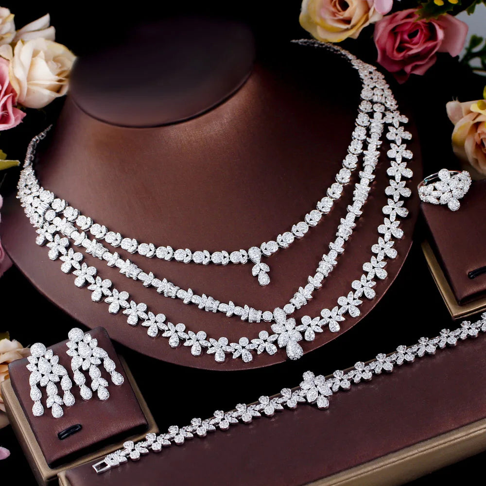 4pcs Full Luxury Multi Layered Triple Big Necklace Dubai Nigerian Heavy CZ Wedding Jewelry Sets for Brides - EUFASHIONBAGS