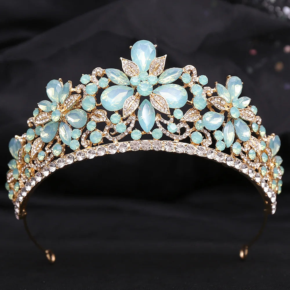 Baroque Green Opal Crystal Flowers Wedding Crown Bride Tiaras Rhinestone Diadem Pageant Crowns Bridal Hair Jewelry Accessories - EUFASHIONBAGS