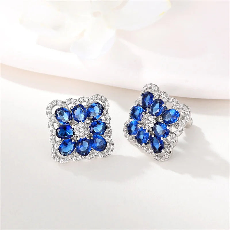 Blue CZ Earrings Women Engagement Wedding Anniversary Party Elegant Lady's Ear Stud Accessories Fashion Jewelry - EUFASHIONBAGS