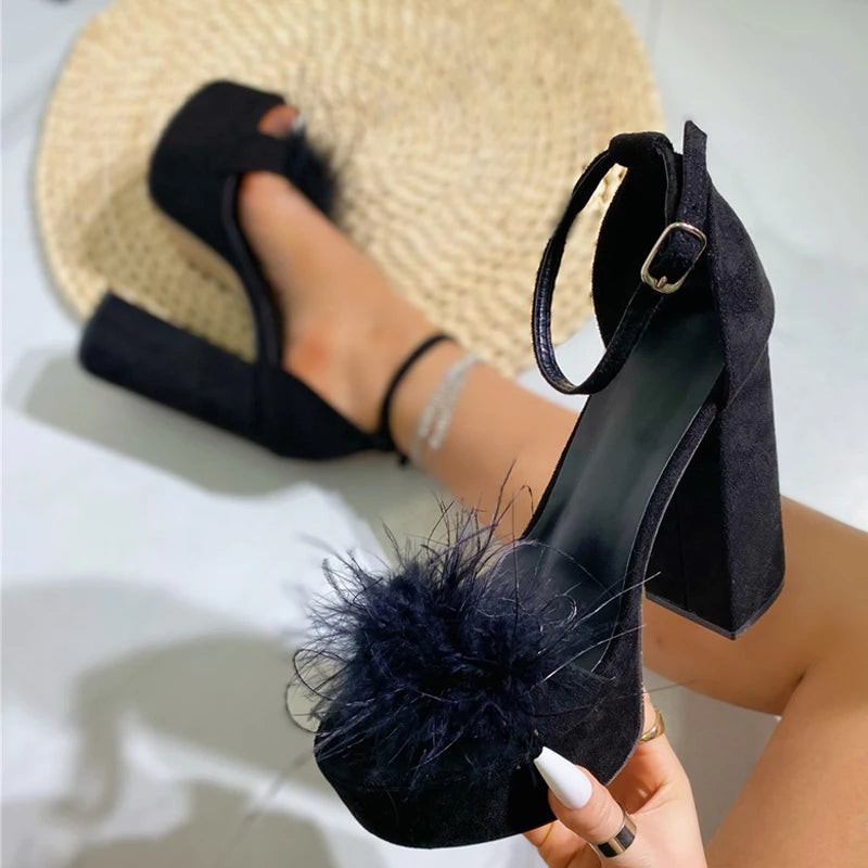 Summer Super High Platform Sandals For Women Black Fluffy Feathers Open Toe Buckle Strap Chunky Heels Party Stripper Shoes - EUFASHIONBAGS