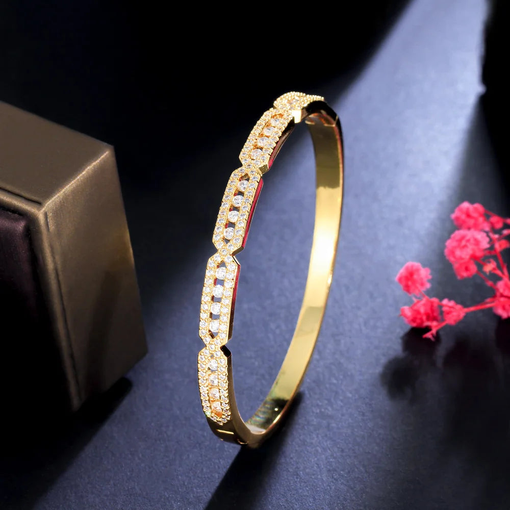 Beautiful Trendy Blue Green Cubic Zirconia Paved Gold Color Round Wedding Bridal CZ Bangles for Women Jewelry - EUFASHIONBAGS