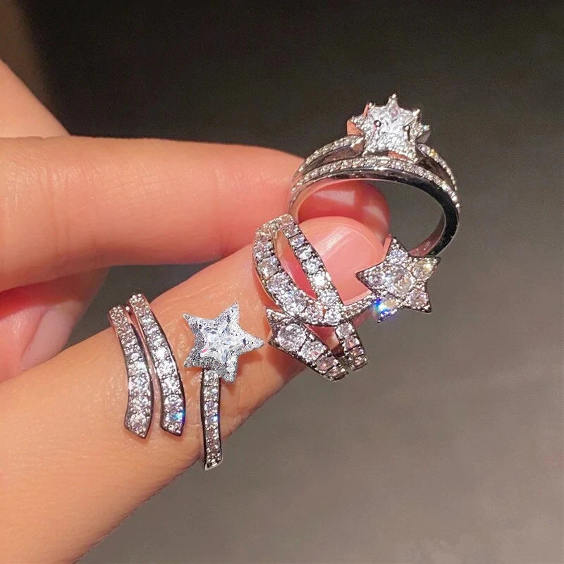 Delicate Shining Star Ring Female Fashion Engagement Party Accessories Luxury Bright CZ Wedding Band Statement Jewelry