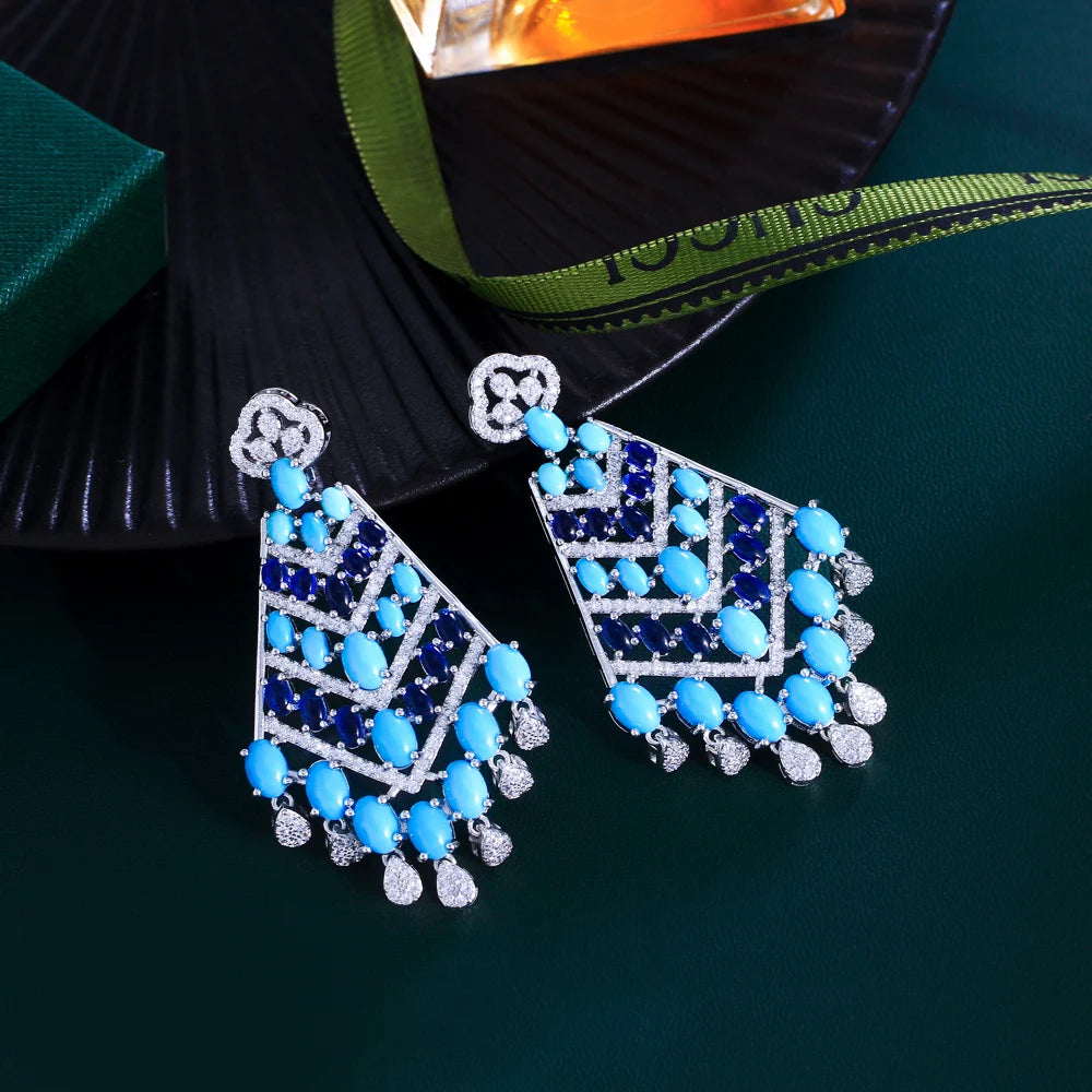 Luxury Chunky Blue Turquoise and White Cubic Zirconia Dangle Tassel Drop Long Party Wedding Earrings for Women - EUFASHIONBAGS