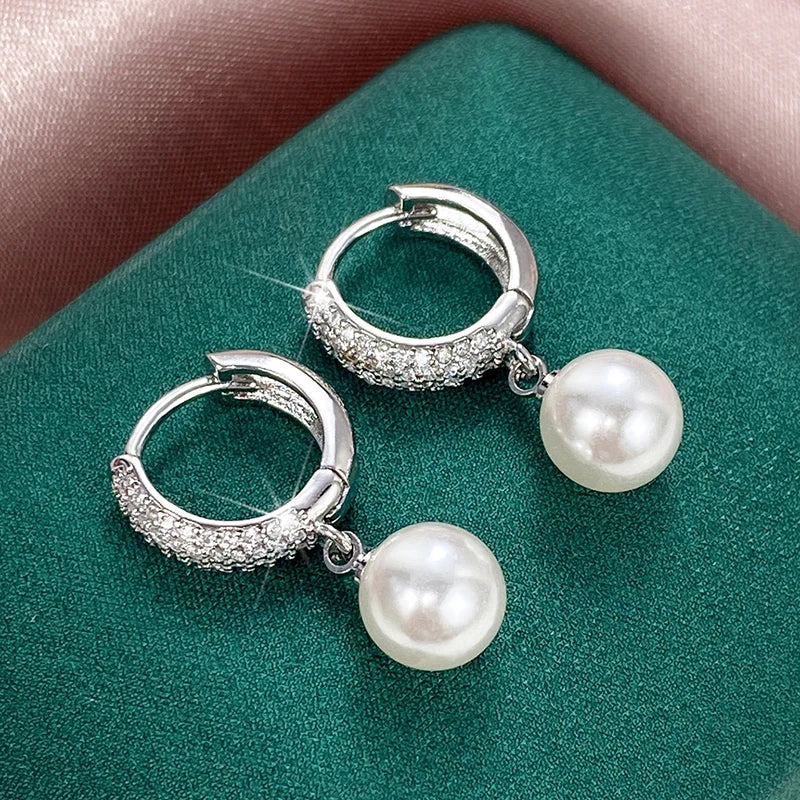 Fashion Bride Simulated Pearl Dangle Earrings Aesthetic Sparkling Cubic Zirconia Earrings Luxury Women Jewelry for Party