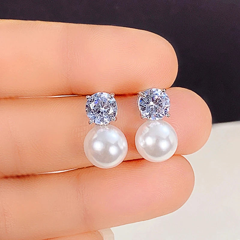 Dainty Women Imitation Pearl Stud Earrings Silver Color Eternity Wedding Earrings Daily Wear Temperament Elegant Jewelry