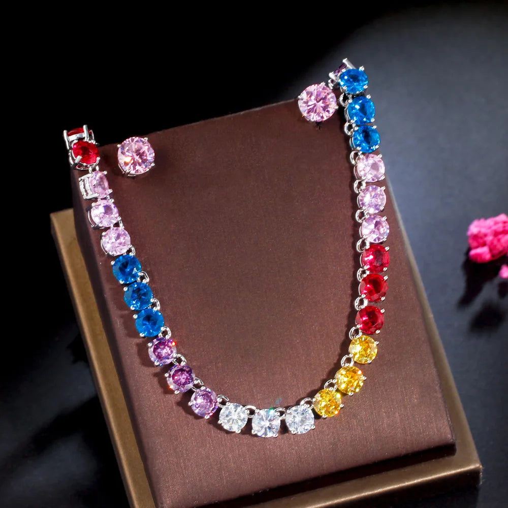 Iced Out Cubic Zircon Shiny Round Colorful CZ Stone Tennis Chain Necklace and Earrings Women Party Jewelry Sets T645