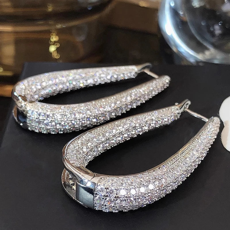 Silver Color Hoop Earrings Female Fashion Party Jewelry with Bright Zirconia Luxury Engagement Accessories Gift