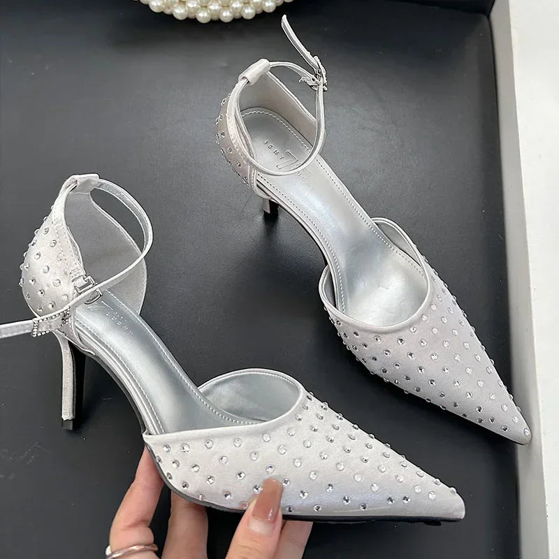 New 2025 Pointed Toe Thin High Heels Women Rhinestones Ankle Strap Dress Shoes Hollow Elegant Designer Sandals Ladies Pumps