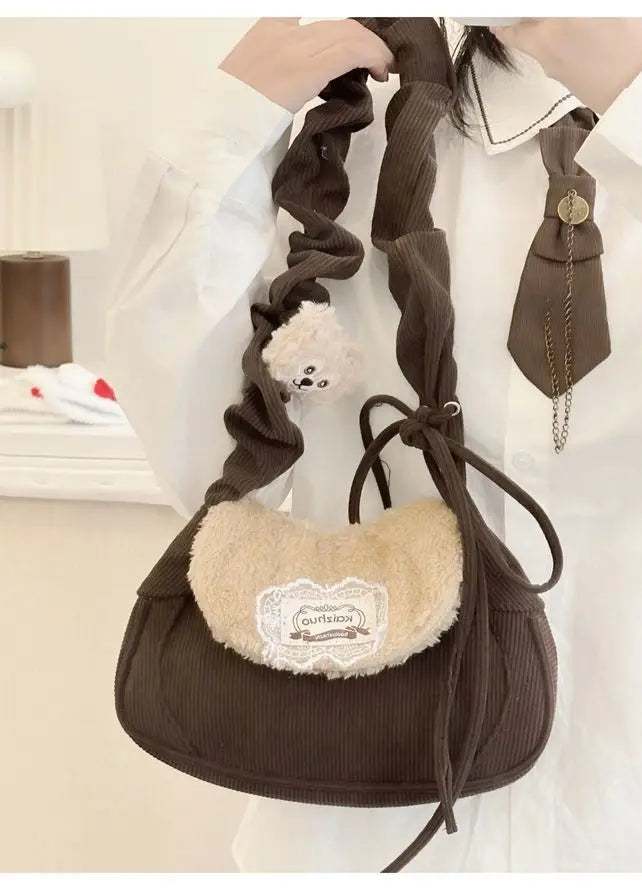 Brown Shoulder Bag Y2k Female Sweet Cute Casual Handbag Women Autumn Winter Plush Crossbody Bag 2025