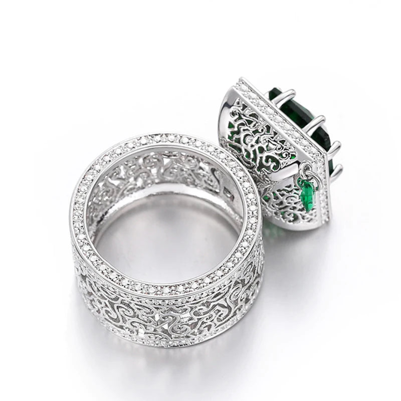 Square Green Cubic Zirconia Rings Gorgeous Hollow Pattern Women Accessories Unique Wedding Rings Gift New Trendy Jewelry