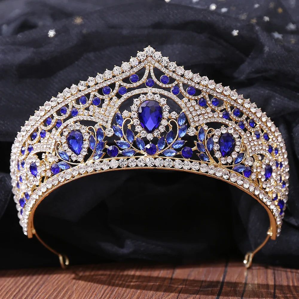 Baroque Gold Color Blue Diadem Rhinestone Crystal Tiaras Bride Headdress Princess Wedding Crown Pageant Hair Jewelry Accessories - EUFASHIONBAGS