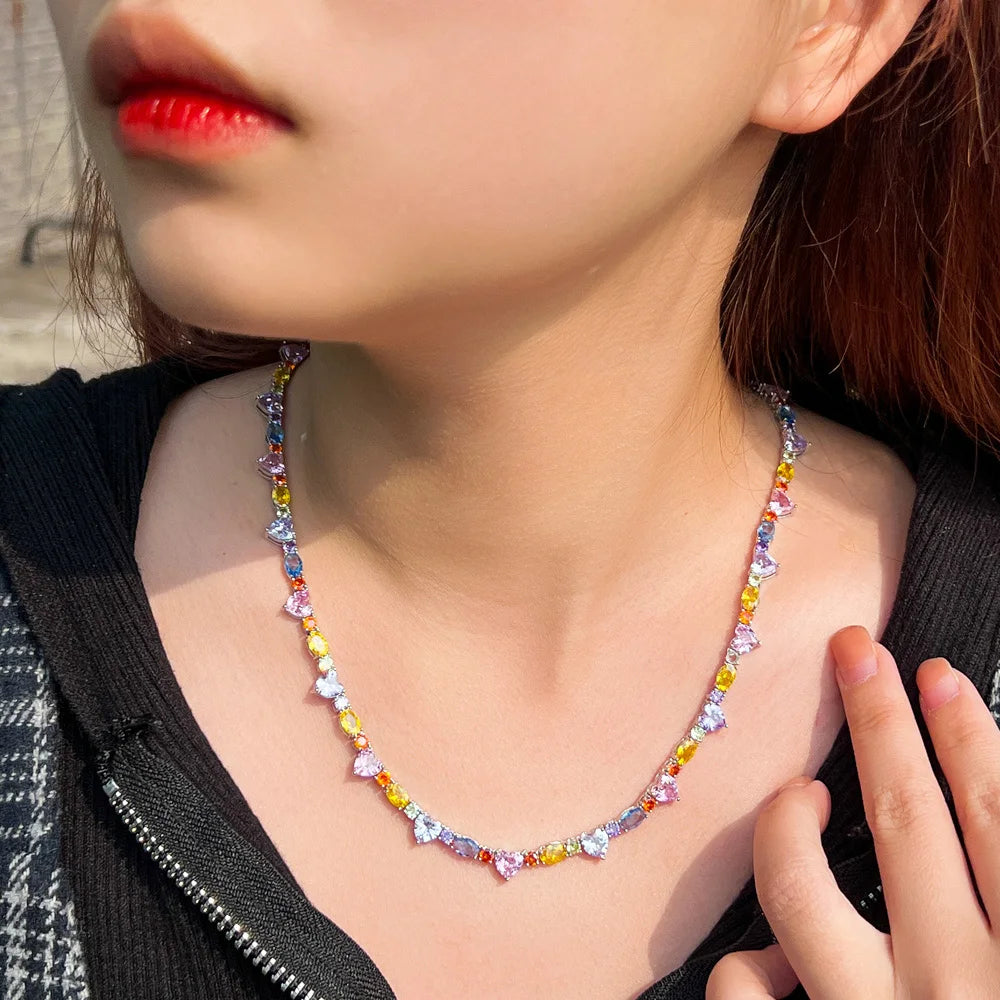 Real 5A Bling Cubic Zirconia Love Heart Shape Multi Color Women Engagement Chain Necklace Chic CZ Boho Jewelry - EUFASHIONBAGS