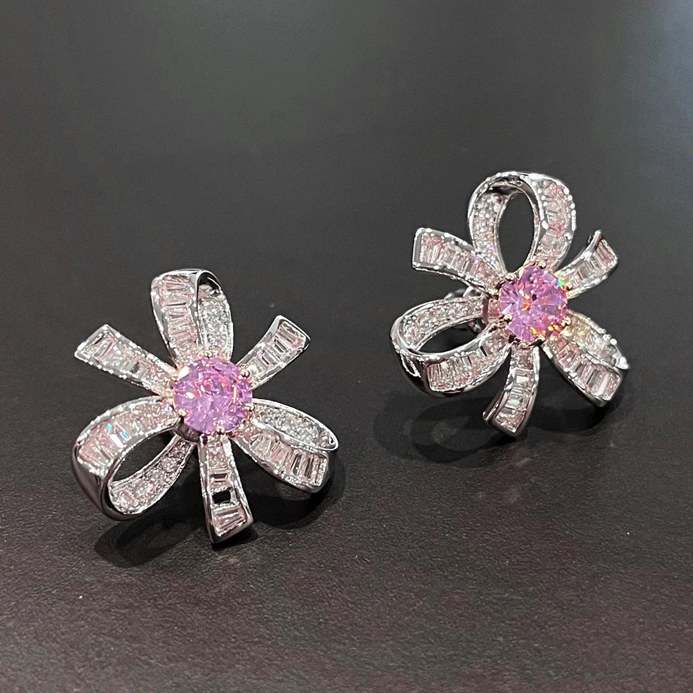 Pink Flower Stud Earrings Bridal Wedding Accessories Aesthetic Women's CZ Earrings for Party Statement Jewelry - EUFASHIONBAGS