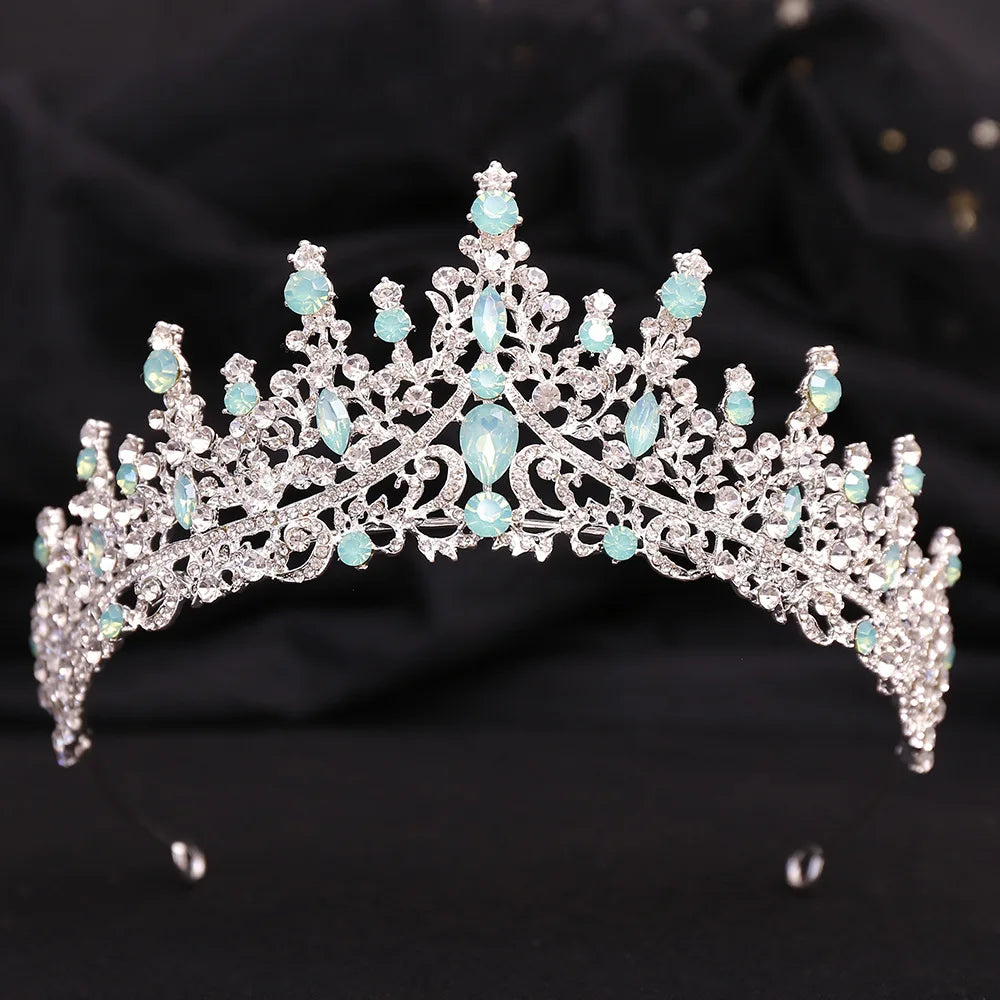 Silver Color Blue Opal Wedding Crown Princess Headdress Crystal Bridal Tiaras Rhinestone Diadem Wedding Hair Jewelry Accessories - EUFASHIONBAGS