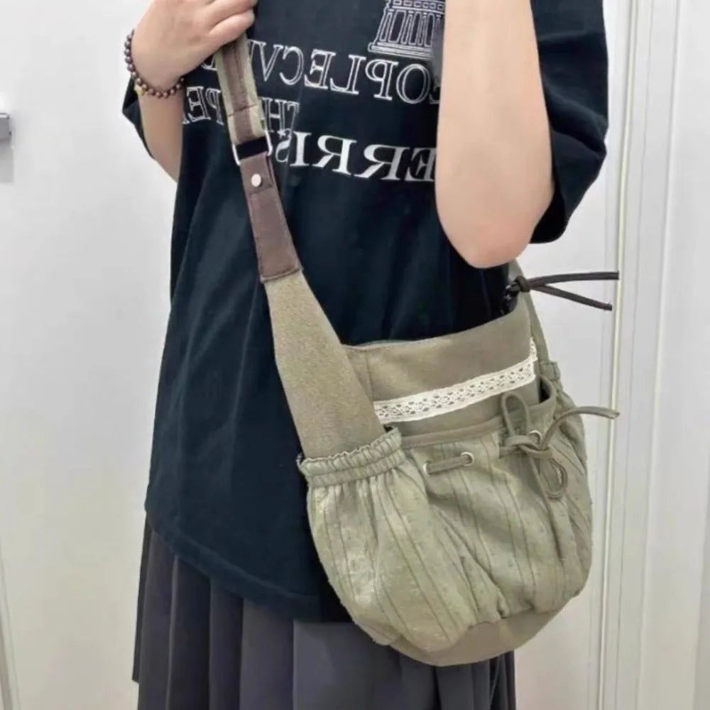 Sweet Cool Bow Canvas Shoulder Bags Women Vintage Drawstring Chic Casual Crossbody Bag Retro Messenger Bag Bolsos - EUFASHIONBAGS