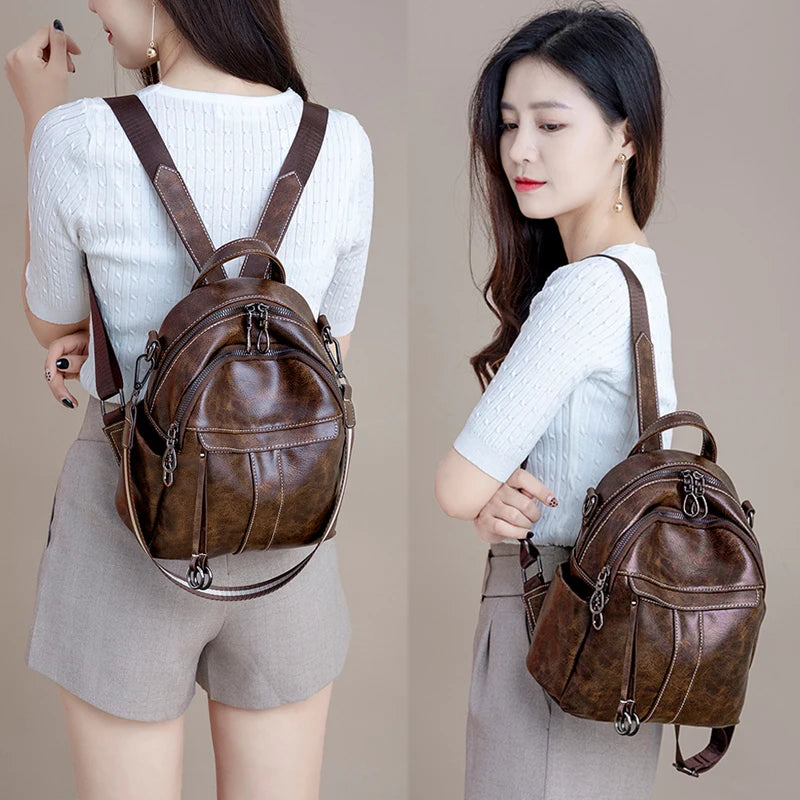 Women‘s Backpack New PU Oil Wax Leather Retro Style Women Shoulder Bag Fashion Girls Student Knapsack C9855