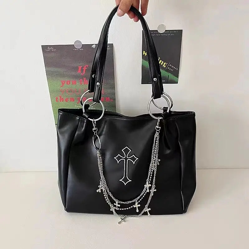 Y2k Grunge The Tote Bag Women Gothic Cross Pu Leather Chain Large Handbags Vintage Black Shoulder Bag - EUFASHIONBAGS