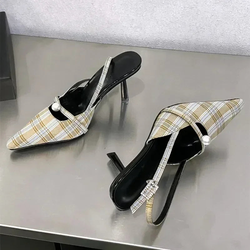 Pointed Toe Retro Plaid High Heels Women Slingbacks Shoes Women Pumps Sexy Office Fashion Dress Shoes Sandalias De Mujer