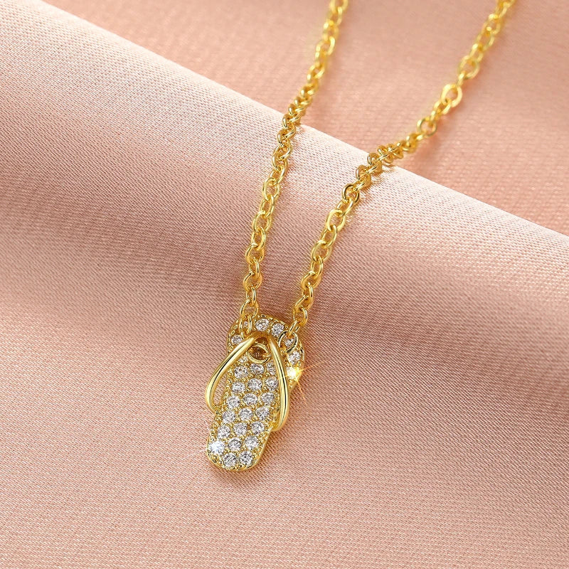 Fancy Slipper Shaped Pendant Necklace Female Cute Girls Gold Color Bright CZ Jewelry for Daily Life Delicate Accessories