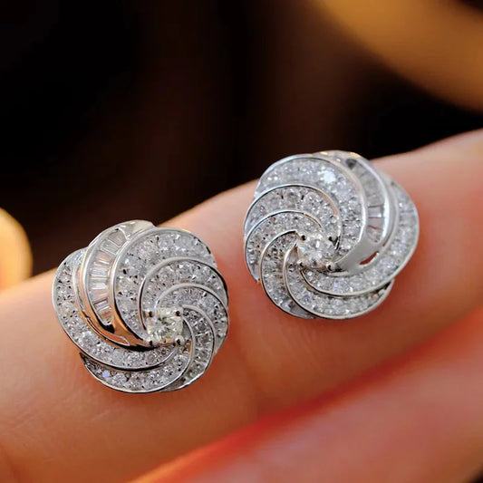 Rotational Circle Design Stud Earrings with Shiny Cubic Zirconia Sparkling Daily Wedding Band Jewelry Chic Accessories