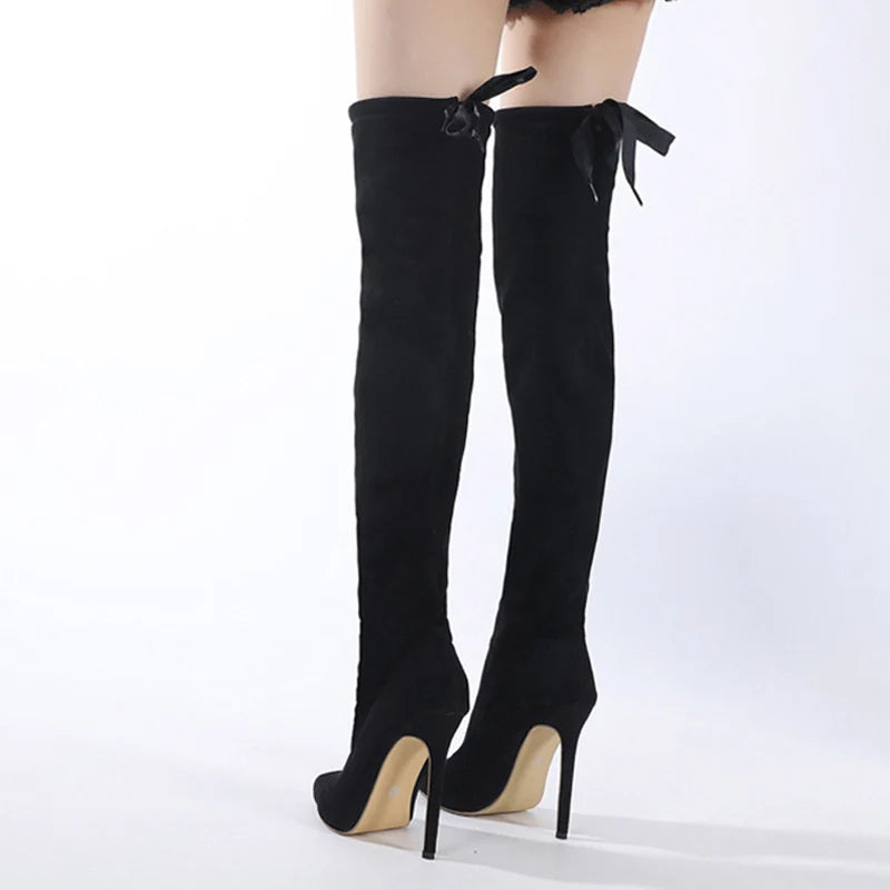 Fashion Lace Up Thigh High Boots Women Sexy Pointed Toe Slim Leg Over The Knee Shoes Autumn Winter Stiletto Heels Black - EUFASHIONBAGS