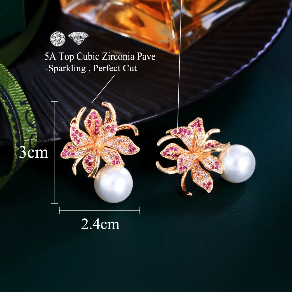 Pretty Pink Red Cubic Zirconia Blooming Flower Dangle Drop Pearl Earrings for Women Festive Jewelry - EUFASHIONBAGS