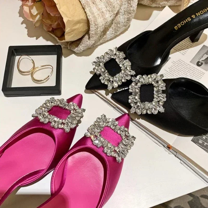 Crystal Square Button Mules Slippers Women Summer Pointed Toe High Heels Dress Shoes Slide Fashion Slingback Sandals Women Pumps